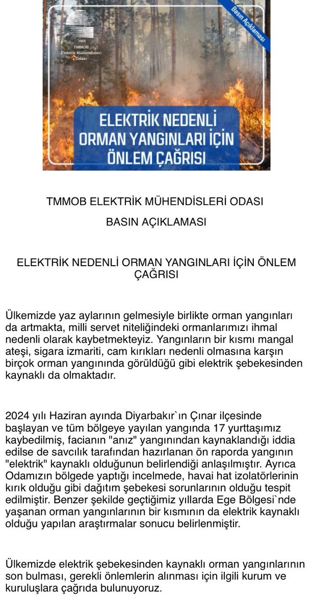 BurakGurel1980's tweet photo. "Yazın yangın, kışın kar yağışıyla birlikte yaygın elektrik kesintileriyle can kaybına yol açan bu yıpratıcı sarmaldan çıkış için kesin çözüm; elektrik dağıtım şebekesinin kamulaştırılması, gerekli teknik personelin istihdam edilmesi, yatırımların yapılması ve alanın merkezi bir plan ve kamusal anlayışla yeniden yapılandırılması olacaktır."
Elektrik Mühendisleri Odası
49. Dönem Yönetim Kurulu
16 Mayıs 2025