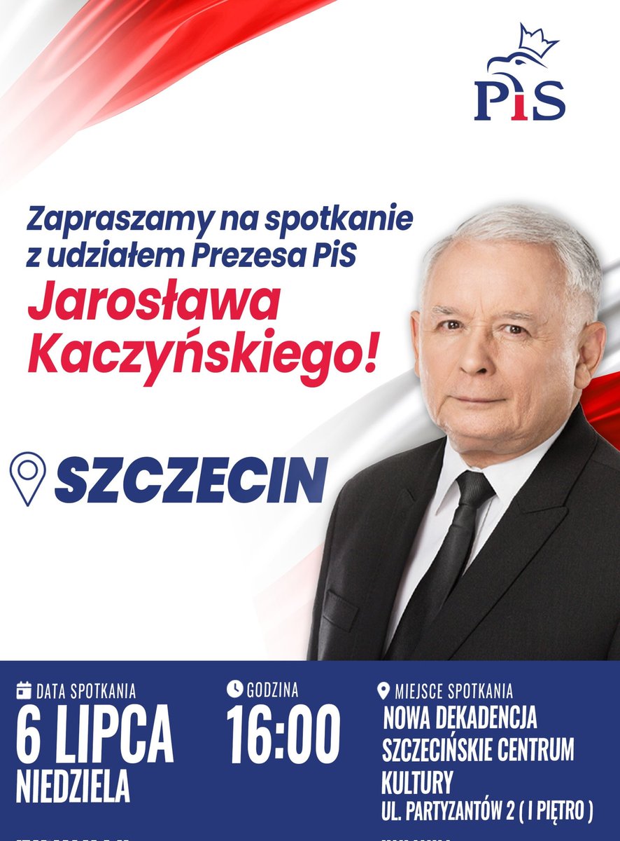 Zbigniew Bogucki🇵🇱 (@boguckizbigniew) on Twitter photo 🔵 Już w najbliższą niedzielę w Szczecinie otwarte spotkanie z Prezesem <a href="/pisorgpl/">Prawo i Sprawiedliwość</a> Panem Premierem <a href="/OficjalnyJK/">Jarosław Kaczyński</a>.
🔵 niedzela 6️⃣ lipca
🔵 godz.⏰️ 1️⃣6️⃣:0️⃣0️⃣
🔵 miejsce: Nowa Dekadencja Szczecińskie Centrum Kultury ul. Partyzantów 2 (I piętro) #Szczecin.
Z A P R A S Z A M Y‼️ 🔵 Już w najbliższą niedzielę w Szczecinie otwarte spotkanie z Prezesem <a href="/pisorgpl/">Prawo i Sprawiedliwość</a> Panem Premierem <a href="/OficjalnyJK/">Jarosław Kaczyński</a>.
🔵 niedzela 6️⃣ lipca
🔵 godz.⏰️ 1️⃣6️⃣:0️⃣0️⃣
🔵 miejsce: Nowa Dekadencja Szczecińskie Centrum Kultury ul. Partyzantów 2 (I piętro) #Szczecin.
Z A P R A S Z A M Y‼️