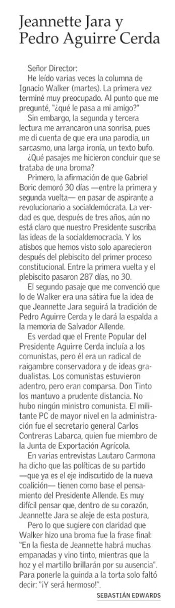 No podría estar más de acuerdo con esta carta al director de El Mercurio escrita por el economista Sebastián Edwards.