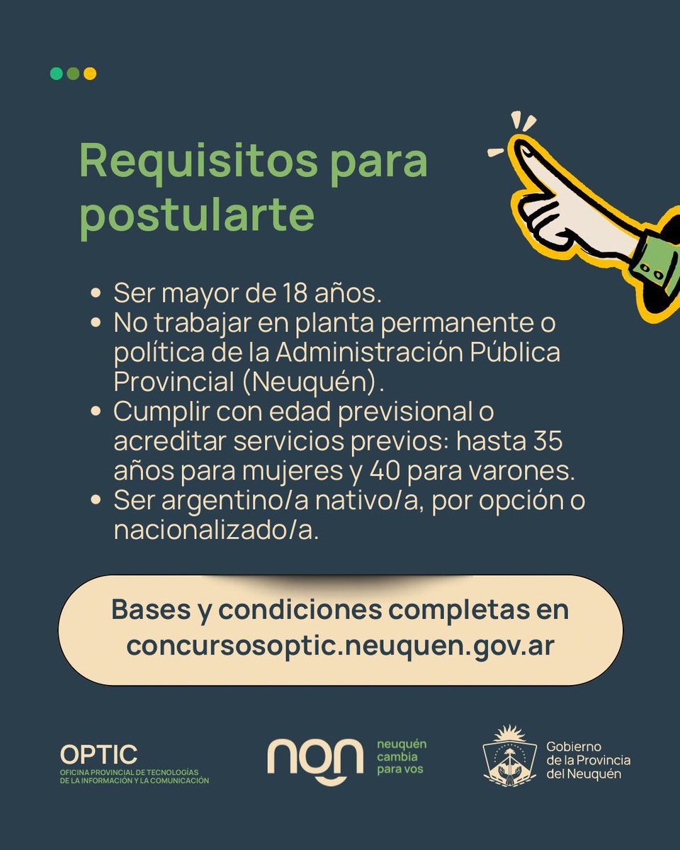 🚨 ¡ABRIMOS CONCURSO EXTERNO!
La OPTIC lanza una convocatoria para cubrir 11 puestos técnicos en sistemas, redes, enlaces y obra civil para la ciudad de Neuquén y Zapala.
🗓️ Inscribite online del 7/07 al 14/07.
🔗 concursosoptic.neuquen.gov.ar