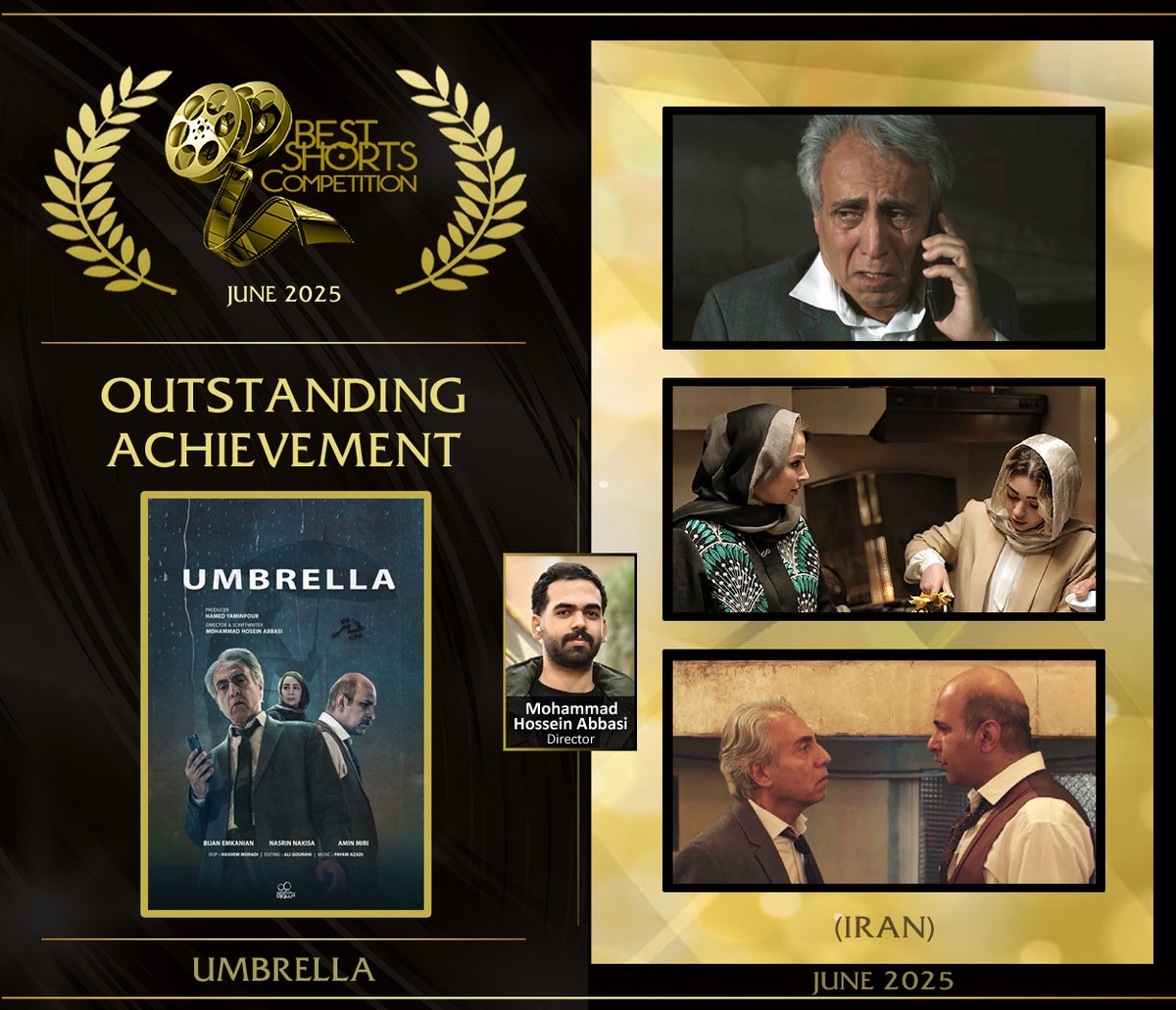 bestshorts's tweet image. Congratulations to Outstanding Achievement Award winner Mohammad Hossein Abbasi for his powerful short film Umbrella (Chatr)—a gripping family drama about addiction, sacrifice, love and unthinkable choices. Exceptional performances BestShorts.net