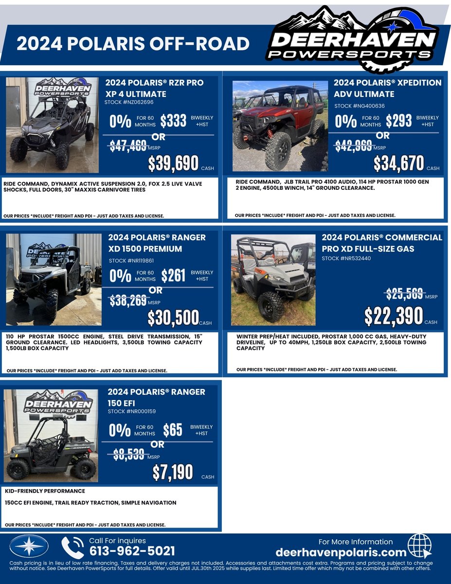 Deerhaven1's tweet photo. Polaris All Out Summer Sales Event - last of the 2024 models in stock. Cash price or 0% financing in lieu of rebate.  

https://t.co/i0mqGU21UK
613-962-2440
#deerhavenpowersports #polarisoffroad https://t.co/IirYdMfwfG