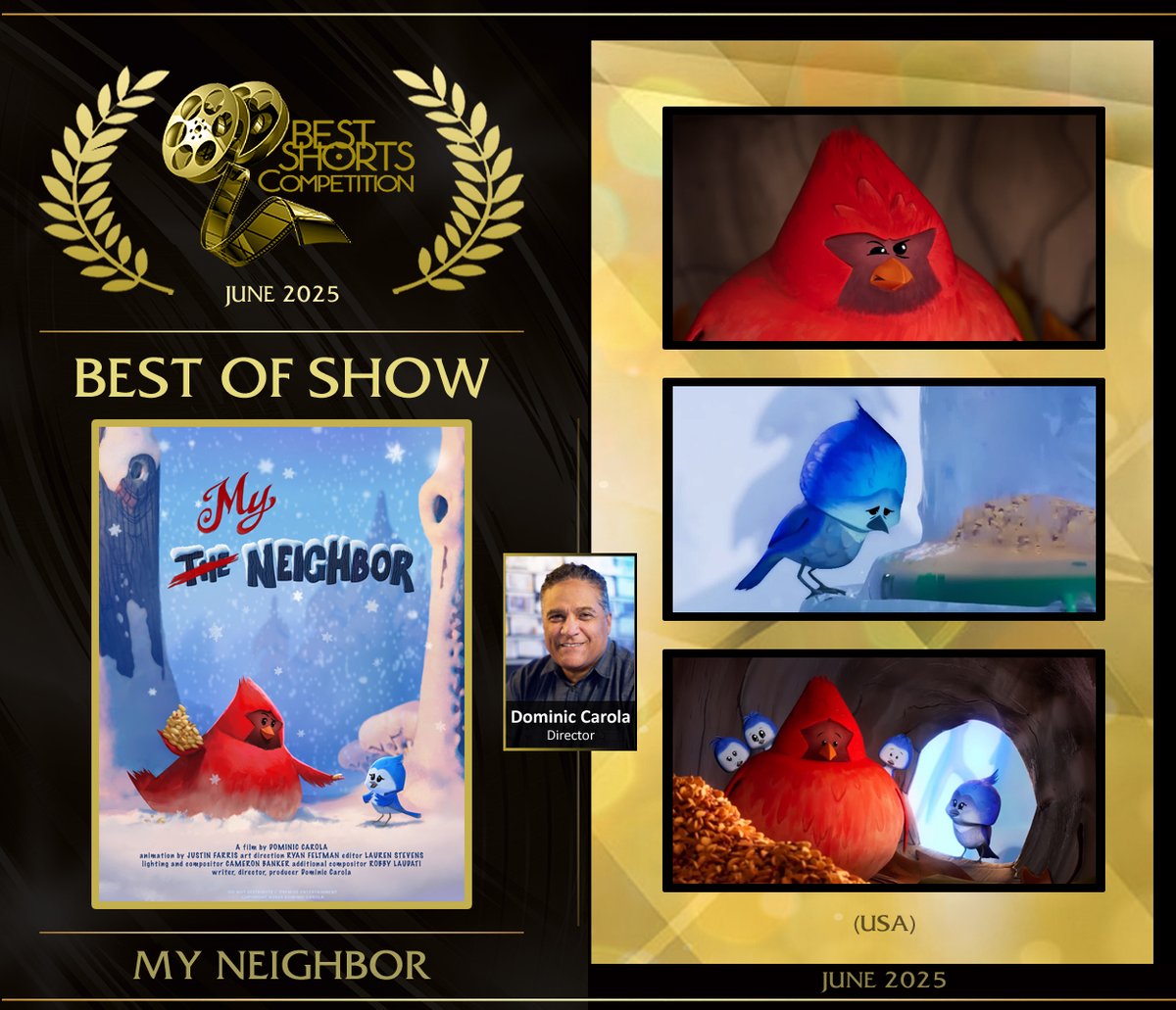 bestshorts's tweet image. Congrats to BEST OF SHOW winner Disney veteran Dominic Carola for his charming &amp;amp; moving animation My Neighbor. Without dialogue, this nuanced, beautifully crafted short from a top-tier team, follows a grumpy bird whose act of kindness changes everything. BestShorts.net