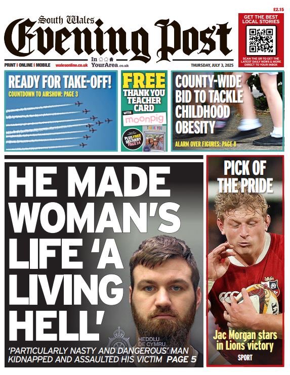 My front page story for Thursday’s South Wales Evening Post - A man who stalked, kidnapped and raped a woman made her life “a living hell”