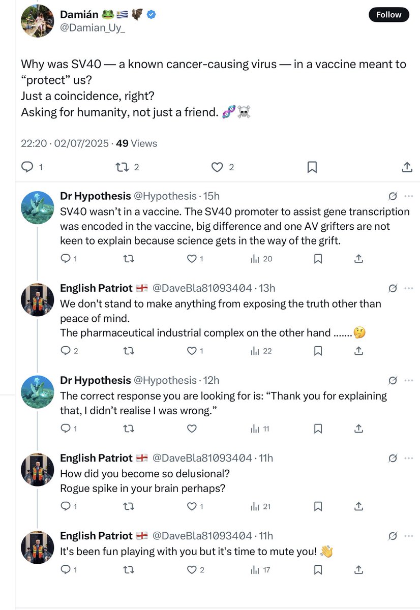 Hypothesis's tweet image. Antivaxxer posts nonsense. AVer gets corrected. AVer then throws toys out of the pram and mutes because butthurt.