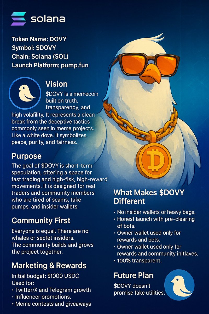The entry price is irresistible.

I know the moment. I know the center. I’m laying the foundation before the flight.

The next tweet drops the contract.

Be ready. Eyes open.
$DOVY 🕊️

#Solana #CryptoLaunch #Memecoin
