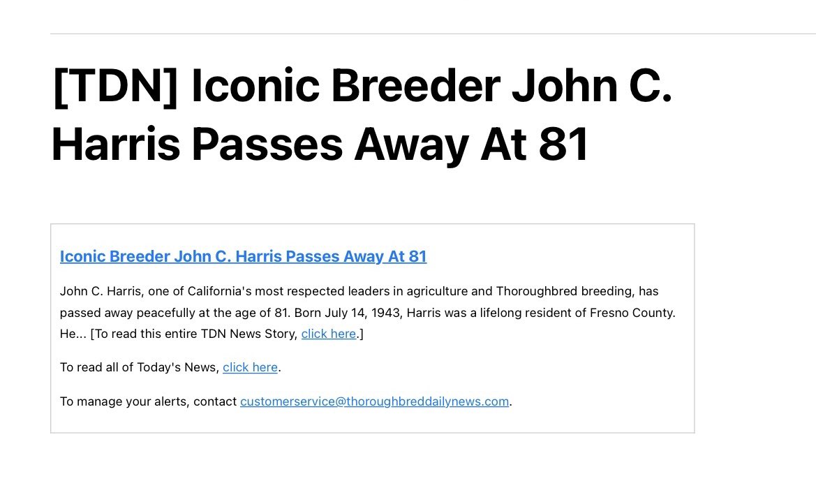 michaelsrwilson's tweet image. Very sad to see this news today. John Harris was an amazing man and I am eternally grateful for the opportunity he gave me in life. When I was 19 years old, while driving down to college, my father took me to his farm, as I was starting to get an interest in horses. John gave us…