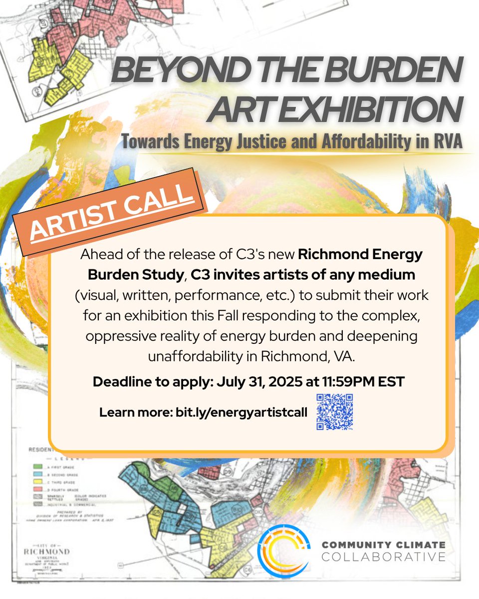 c3climate's tweet image. 📣🎨Calling all artists! Are you an artist who cares about issues impacting vulnerable residents in your community? C3 invites artists of any medium to submit their work for C3's art exhibition this Fall. Learn more about the details: bit.ly/energyartistca…