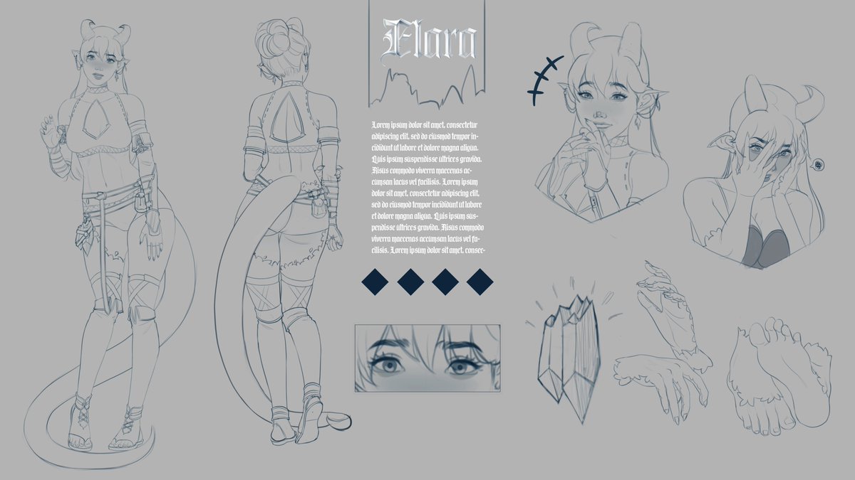 Sketch of a commission on #VGenComm 
A character sheet of Elara for <a href="/ScoobTheShark/">Auzi</a> 🐉