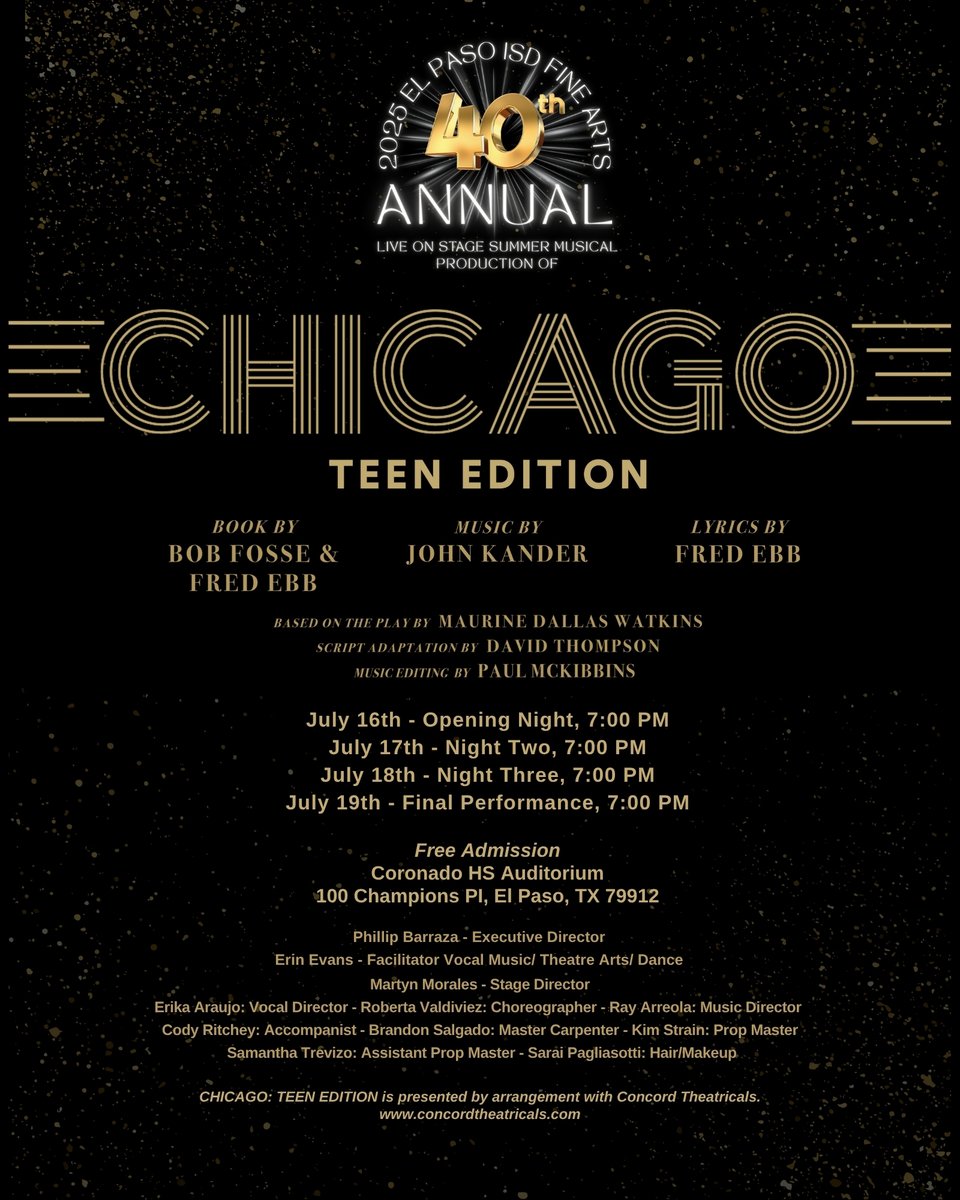 EL Paso ISD Fine Arts (@episd_finearts) on Twitter photo Our El Paso ISD Fine Arts students had the opportunity to promote our 40th Annual Summer Musical on KTSM 9 News at noon. We will be presenting the amazing musical, "Chicago: Teen Addition". More info in the flyer below! <a href="/ELPASO_ISD/">El Paso ISD</a> <a href="/EPISD_FineArts/">EL Paso ISD Fine Arts</a> <a href="/KTSMtv/">KTSM 9 News</a> Our El Paso ISD Fine Arts students had the opportunity to promote our 40th Annual Summer Musical on KTSM 9 News at noon. We will be presenting the amazing musical, "Chicago: Teen Addition". More info in the flyer below! <a href="/ELPASO_ISD/">El Paso ISD</a> <a href="/EPISD_FineArts/">EL Paso ISD Fine Arts</a> <a href="/KTSMtv/">KTSM 9 News</a>