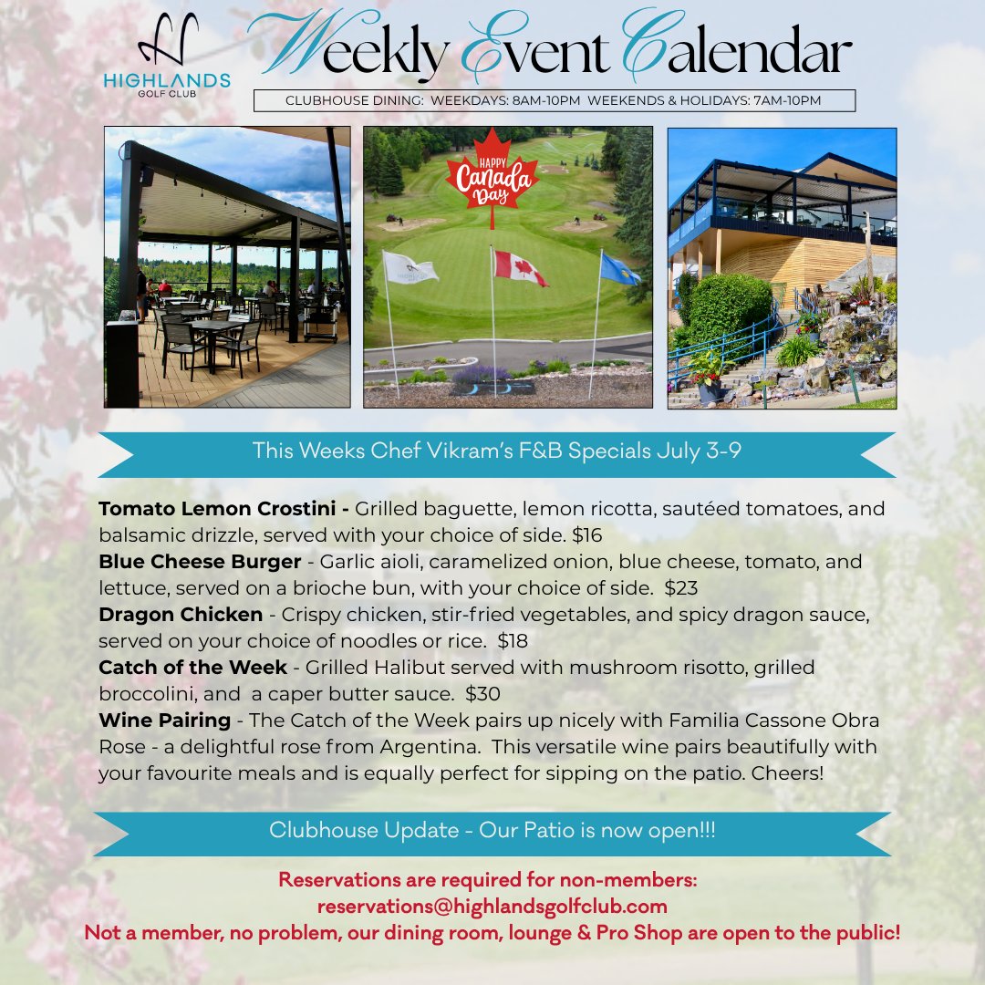 😎It's Summer Patio Season!!!
🍽Join us for one of our tasty, new weekly specials on our newly expanded and renovated patio!
🍷The perfect place to enjoy your favorite cocktail, while taking in the best view in the city!

💌reservations@highlandsgolfclub.com