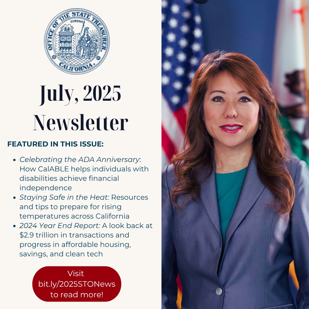 CalTreasurer's tweet image. 📢 July Newsletter from the California State Treasurer’s Office 📢
Stay informed with the latest updates from Treasurer @fionama!