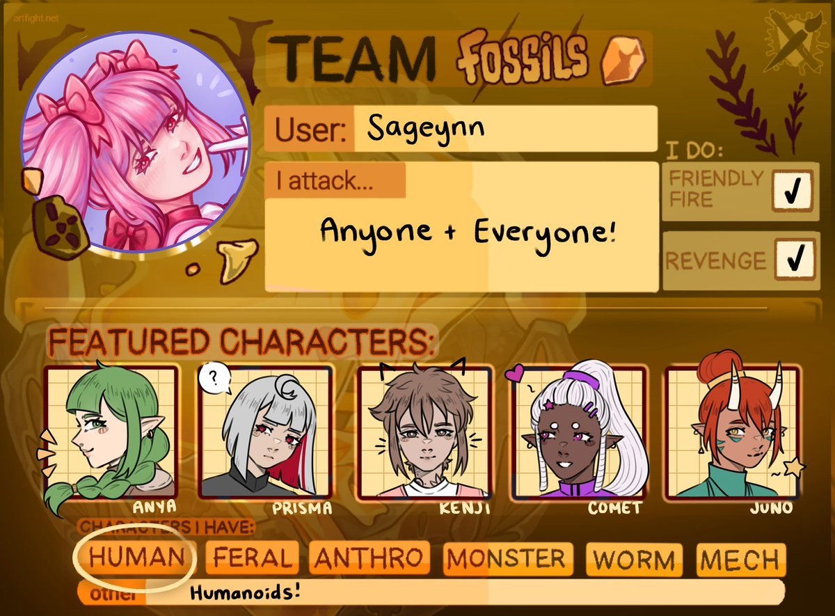 Btw I’m on artfight again this year! I’ll be revenging as much as I can and I have some new OCs! 

artfight.net/~sageynn

#artfight2025 #TEAMFOSSILS