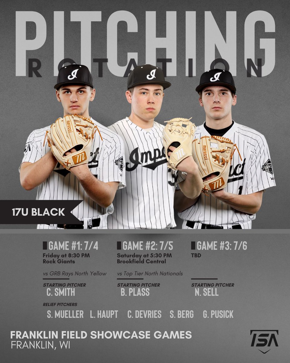 ImpactSportsGB's tweet photo. 🚨17U BLACK PITCHING ROTATION🚨

Franklin Field Showcase Games @RockTournaments 

Player Profiles: https://t.co/y3eBYzQBz7

#isaproud #makeanimpact #tournamentseason #pitchingrotation https://t.co/x9L7j6Mq8O