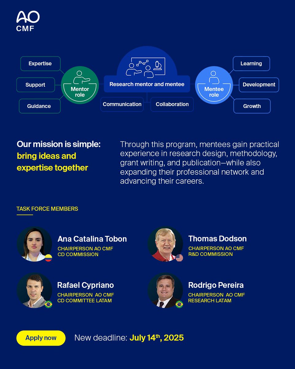 📢 Deadline extended! You now have until July 14, 2025 to apply for the AO CMF Research Mentorship Pilot Program.

➡️ bit.ly/3SBt2qB

🔎 Exclusive for AO CMF Latin America members