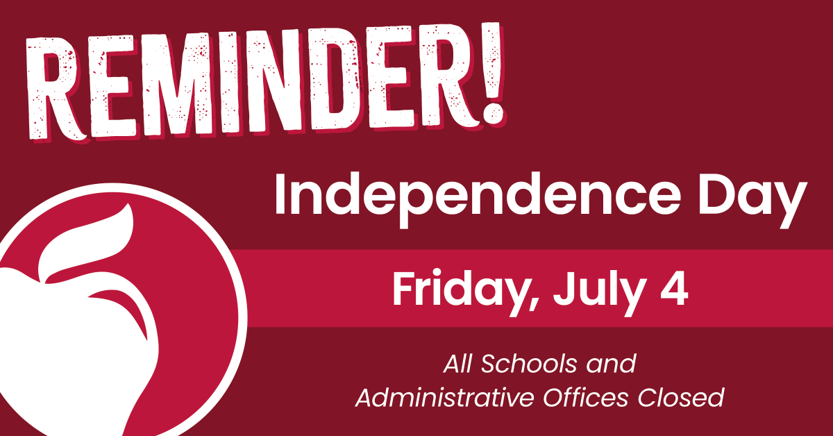 REMINDER: All schools and administrative offices are CLOSED Friday, July 4th in observance of Independence Day. Summer Experience will resume on Monday, July 7th.

We wish all of our students, staff, and families a safe and fun holiday! 🎆 #OurCCS