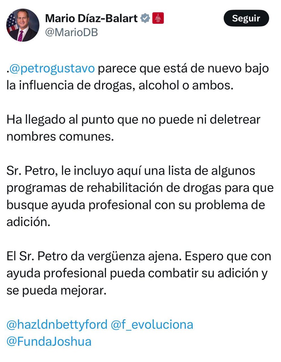 De los congresistas norteamericanos esperamos respeto hacia el Presidente @PetroGustavo, electo democráticamente por las mayorías de Colombia, llamarle narcoterrorista y drogradicto es más que un agravio, ademas de falacias inaceptables, son una afrenta a nuestra nación y su