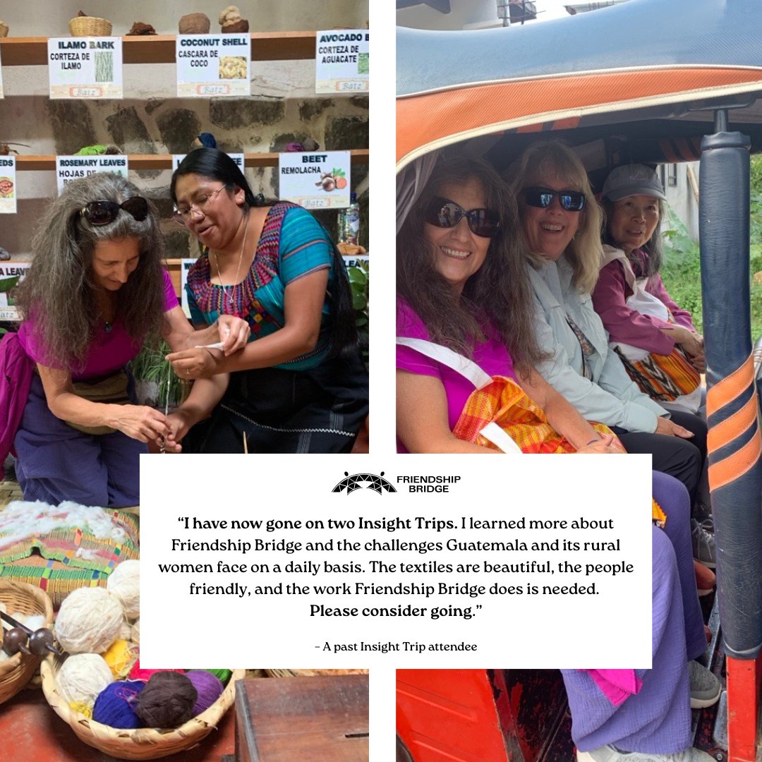 Friendship Bridge (@friend_bridge) on Twitter photo During our Insight Trips, travelers discover the beauty of Guatemala while deepening their understanding of the challenges women face.
Learn about our October 19–25, 2025 trip:
mjuba@friendshipbridge.org
loom.ly/HRTa2oo During our Insight Trips, travelers discover the beauty of Guatemala while deepening their understanding of the challenges women face.
Learn about our October 19–25, 2025 trip:
mjuba@friendshipbridge.org
loom.ly/HRTa2oo