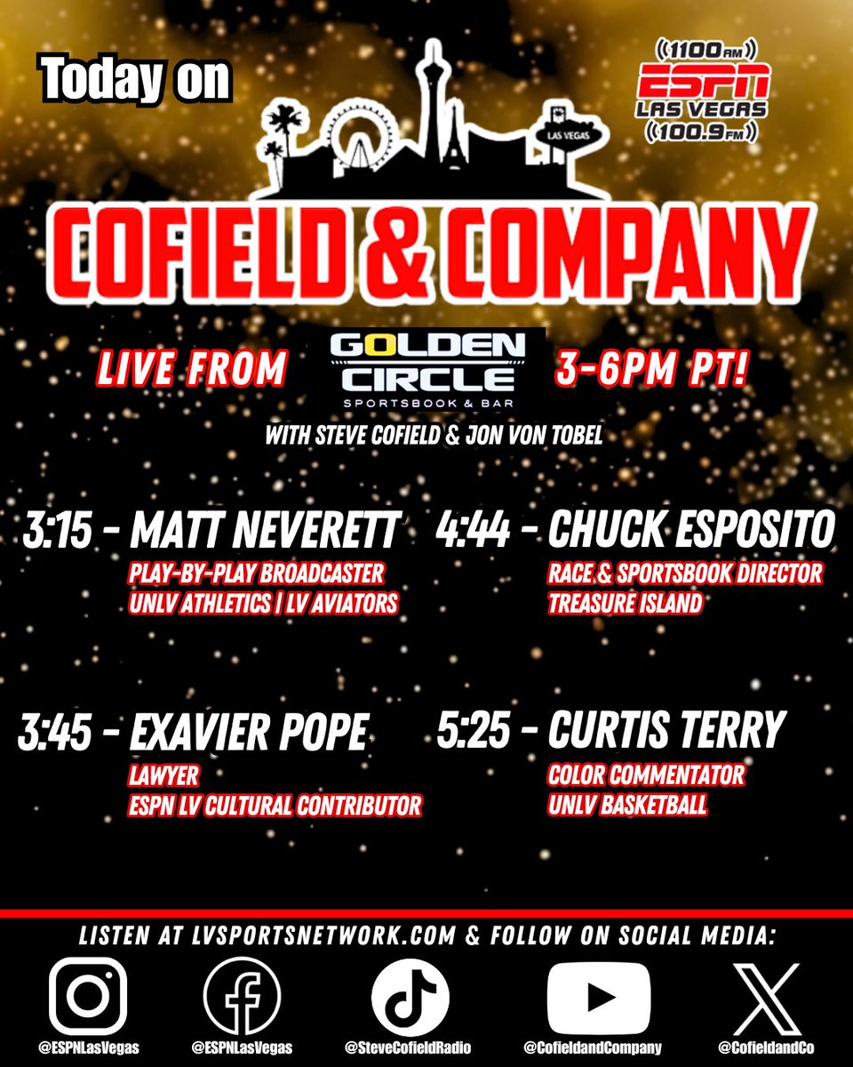 ESPN 1100/100.9 FM (@espnlasvegas) on Twitter photo Kick off the 4th of July weekend with <a href="/cofieldandco/">Cofield & Company</a> with <a href="/stevecofield/">COFIELD</a>, <a href="/meJVT/">Jonathan Von Tobel</a>, & <a href="/Griffinkemp51/">Griffin Kemp</a> live from <a href="/TIvegas/">Treasure Island</a> 3-6pm PT!
📻: 1100 AM / 100.9 FM
📱: Text the show at 702-364-1100
💻: Stream live at LVSportsNetwork.com Kick off the 4th of July weekend with <a href="/cofieldandco/">Cofield & Company</a> with <a href="/stevecofield/">COFIELD</a>, <a href="/meJVT/">Jonathan Von Tobel</a>, & <a href="/Griffinkemp51/">Griffin Kemp</a> live from <a href="/TIvegas/">Treasure Island</a> 3-6pm PT!
📻: 1100 AM / 100.9 FM
📱: Text the show at 702-364-1100
💻: Stream live at LVSportsNetwork.com