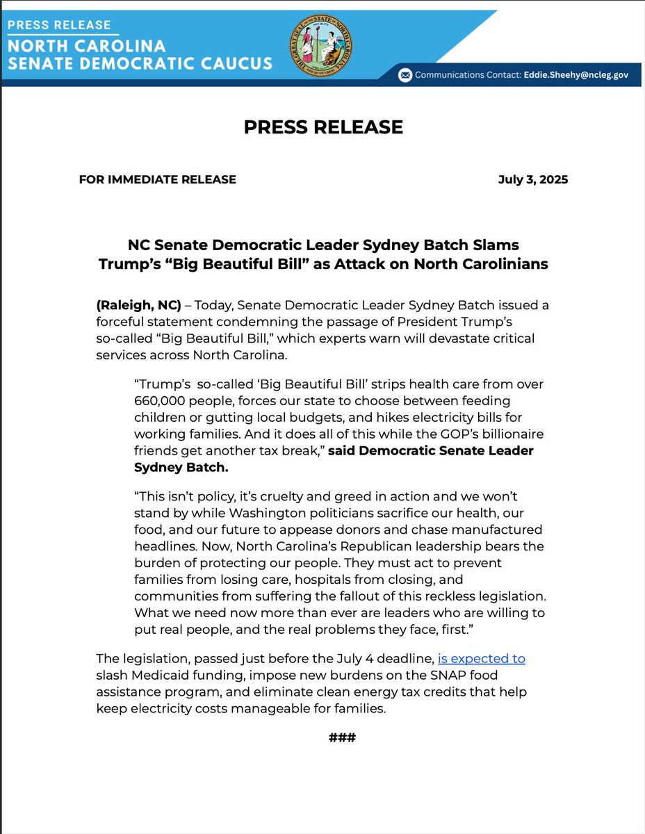 Trump’s so-called “Big Beautiful Bill” is a disaster for North Carolina. Leader Batch's full statement: