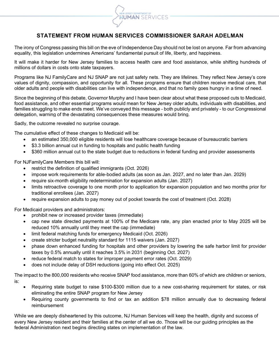 NJHumanServices (@njdhs) on Twitter photo Statement from <a href="/NJDHS/">NJHumanServices</a> Commissioner <a href="/sarahmadelman/">Sarah Adelman</a> on #Medicaid and #SNAP cuts. "It will make it harder for NJ families to access health care and food assistance while shifting hundreds of millions of dollars in costs onto state taxpayers."
#MedicaidMatters
nj.gov/.../pres.../20… Statement from <a href="/NJDHS/">NJHumanServices</a> Commissioner <a href="/sarahmadelman/">Sarah Adelman</a> on #Medicaid and #SNAP cuts. "It will make it harder for NJ families to access health care and food assistance while shifting hundreds of millions of dollars in costs onto state taxpayers."
#MedicaidMatters
nj.gov/.../pres.../20…
