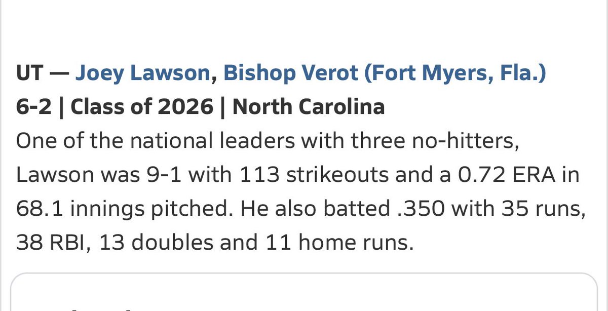 Joseph Lawson (@joeylawson2026) on Twitter photo Thank you <a href="/MaxPreps/">MaxPreps</a> for the Second Team All-American honors!! <a href="/_CoachScott/">Casey Scott</a> <a href="/CBU_FL/">๐บ๐ธCBU๐บ๐ธ</a> <a href="/BaseballGulf/">Gulf Coast Monarchs Baseball</a> <a href="/Mazarooski/">Addison Maruszak</a> <a href="/verotathletics/">VerotAthletics.org</a> <a href="/VerotBaseball/">Bishop Verot Baseball</a> Thank you <a href="/MaxPreps/">MaxPreps</a> for the Second Team All-American honors!! <a href="/_CoachScott/">Casey Scott</a> <a href="/CBU_FL/">๐บ๐ธCBU๐บ๐ธ</a> <a href="/BaseballGulf/">Gulf Coast Monarchs Baseball</a> <a href="/Mazarooski/">Addison Maruszak</a> <a href="/verotathletics/">VerotAthletics.org</a> <a href="/VerotBaseball/">Bishop Verot Baseball</a>