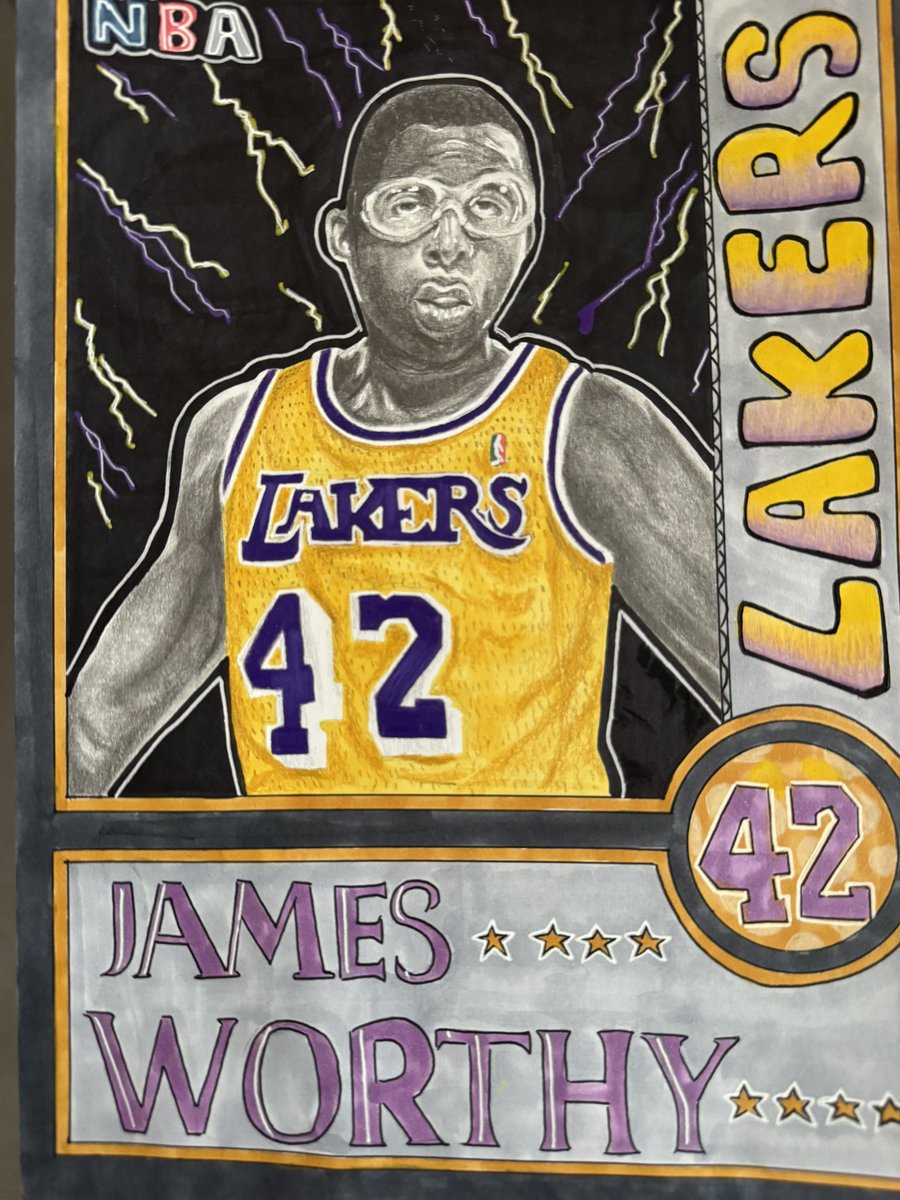 Awesome freehand drawing of my favorite basketball player of all time “Big game James “ Worthy drawing by Luke Ritter for my Bday. Thanks Luke…awesome job.