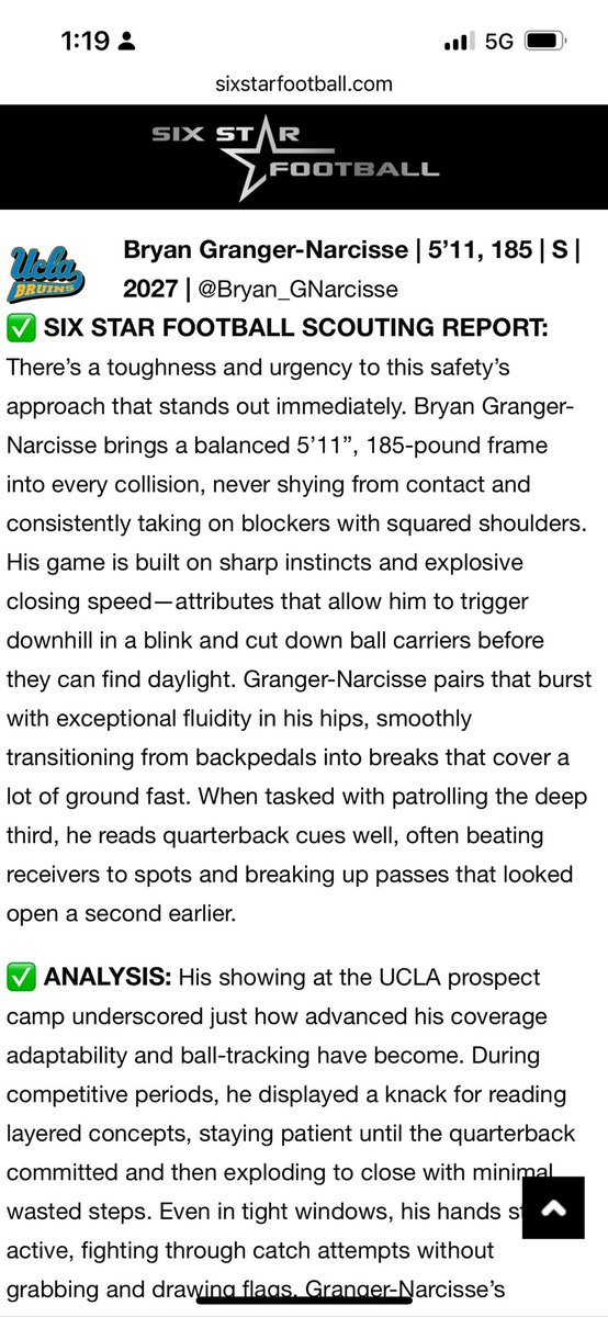 Bryan Granger-Narcisse (@bryan_gnarcisse) on Twitter photo “✅ Big thanks to the UCLA coaches for the opportunity. Appreciate the Six Star write-up. Always grinding to get better. 💪🟦💛 #2027 #GoBruins”<a href="/sixstarfootball/">Six Star Football | PLUS+</a> <a href="/coach_meat/">Demetrice”Coach Meat”Martin</a> <a href="/CoachGabeLynn/">Gabe Lynn</a> <a href="/UCLAFootball/">UCLA Football</a> <a href="/adamgorney/">Adam Gorney</a> <a href="/GregBiggins/">Greg Biggins</a> <a href="/BrandonHuffman/">Brandon Huffman</a> “✅ Big thanks to the UCLA coaches for the opportunity. Appreciate the Six Star write-up. Always grinding to get better. 💪🟦💛 #2027 #GoBruins”<a href="/sixstarfootball/">Six Star Football | PLUS+</a> <a href="/coach_meat/">Demetrice”Coach Meat”Martin</a> <a href="/CoachGabeLynn/">Gabe Lynn</a> <a href="/UCLAFootball/">UCLA Football</a> <a href="/adamgorney/">Adam Gorney</a> <a href="/GregBiggins/">Greg Biggins</a> <a href="/BrandonHuffman/">Brandon Huffman</a>