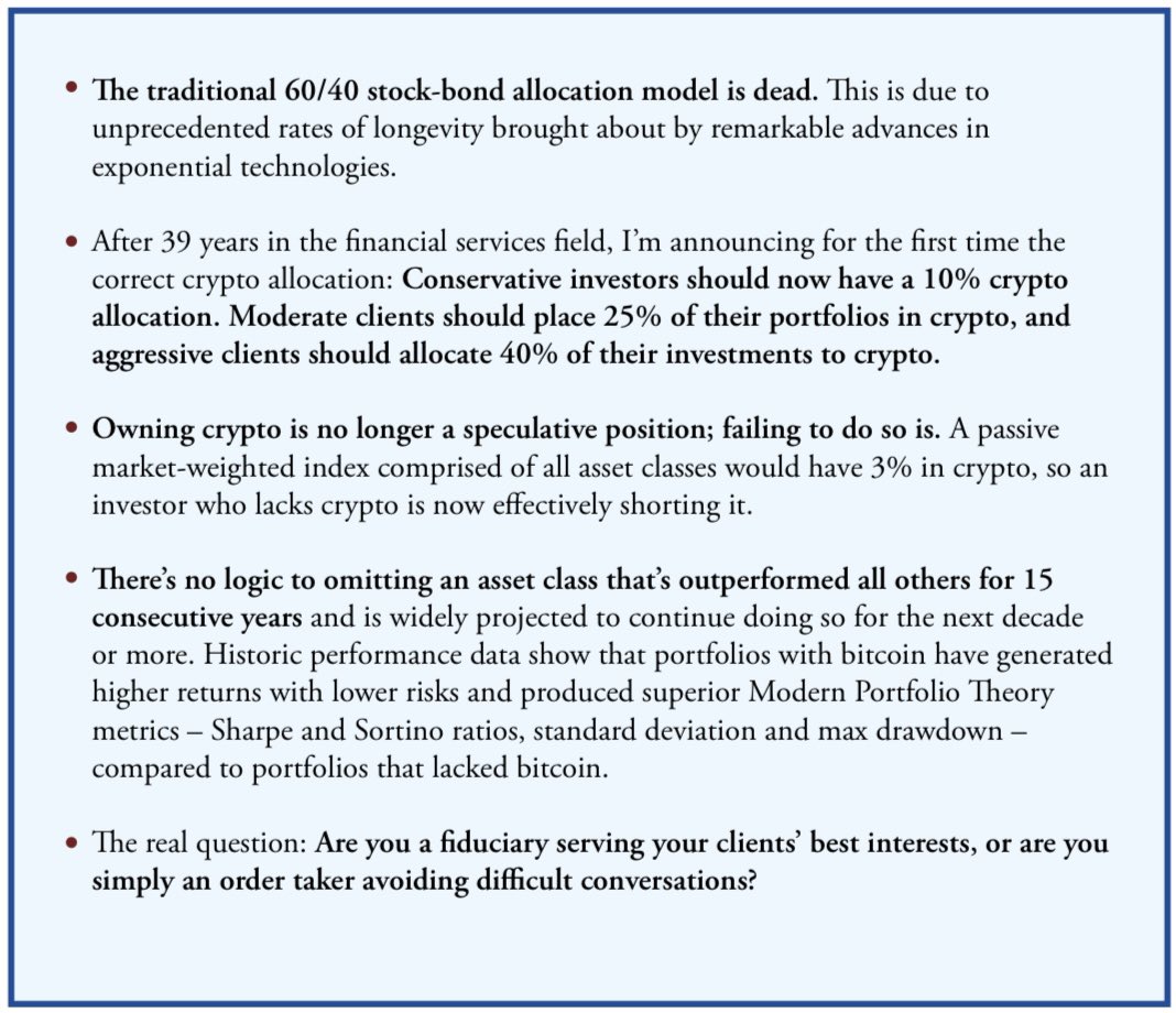 Top RIA Recommends 40% Crypto Allocation 🚀

<a href="/ricedelman/">Ric Edelman</a>, founder of Edelman Financial Engines managing $300B, declared the traditional 60/40 portfolio obsolete and recommended significant crypto allocations: 10% for conservative investors, 25% for moderate, and 40% for