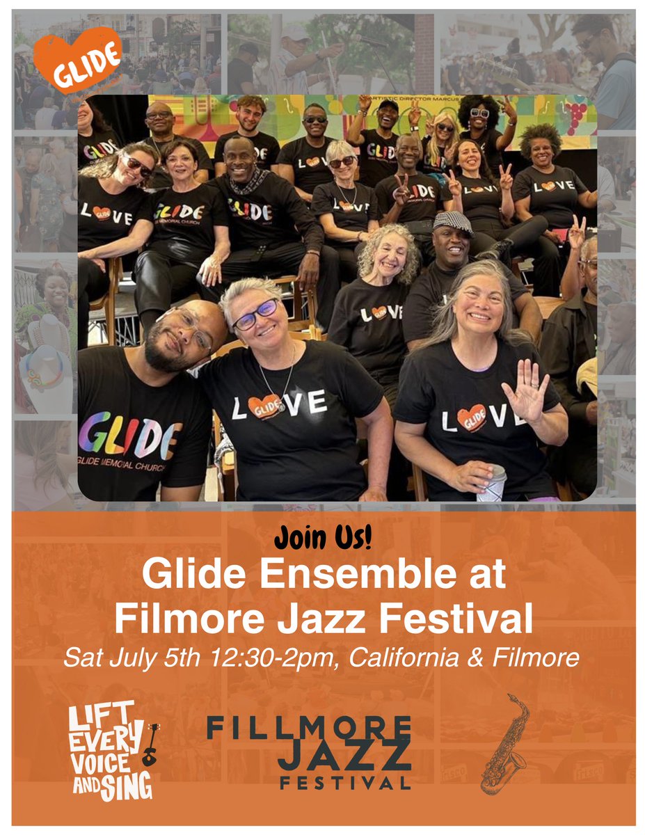 GlideChurch's tweet image. The Glide Ensemble will be performing at the Filmore Jazz Festival this Saturday, July 5th, from 12:30pm-2pm. Show up to support our singers at California St and Filmore St, performing alongside the Change Band and special guests Destani Wolf and Howard Wiley.