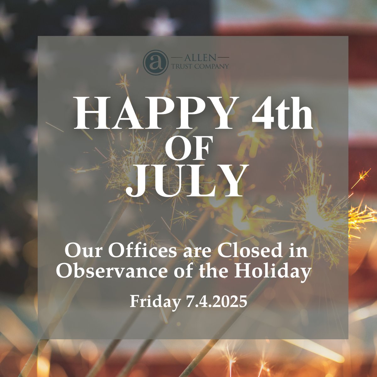 Our offices will be closed Friday, July 4, in observance of the holiday. We wish everyone a happy and safe Independence Day!  We will return to the office Monday, July 7th, for regular business hours.

#Happy4thofJuly #HappyIndependenceDay2025 #Holiday