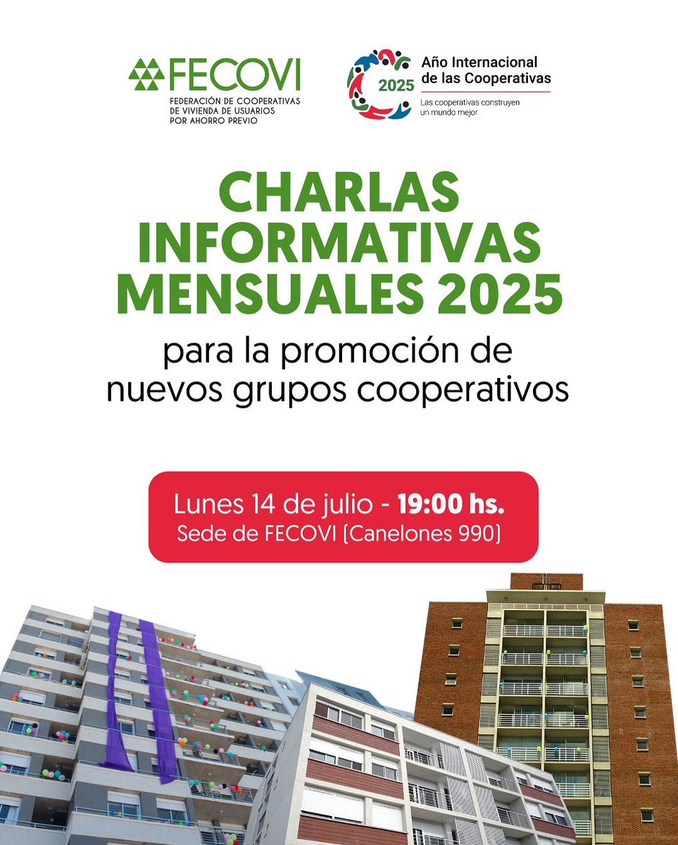El lunes 14 de julio a las 19:00 hs se llevará a cabo una charla informativa para la formación nuevos grupos cooperativistas. 

Esta instancia está abierta a todo el público interesado en conocer más sobre el tema. Si te interesa participar, no dudes en asistir.