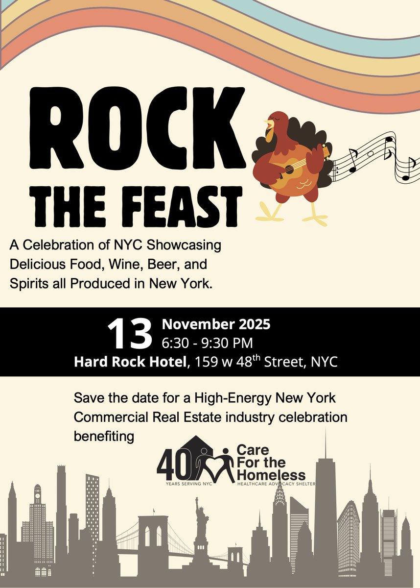 CFHNYC's tweet image. Save the date! On November 13, Care for the Homeless will “Rock the Feast” at the @HardRockHotels with @CBRE!
We are thankful— in the heat of summer, on Thanksgiving, and year-round—for the incredible support.
Mark your calendar and join us. Details coming soon.