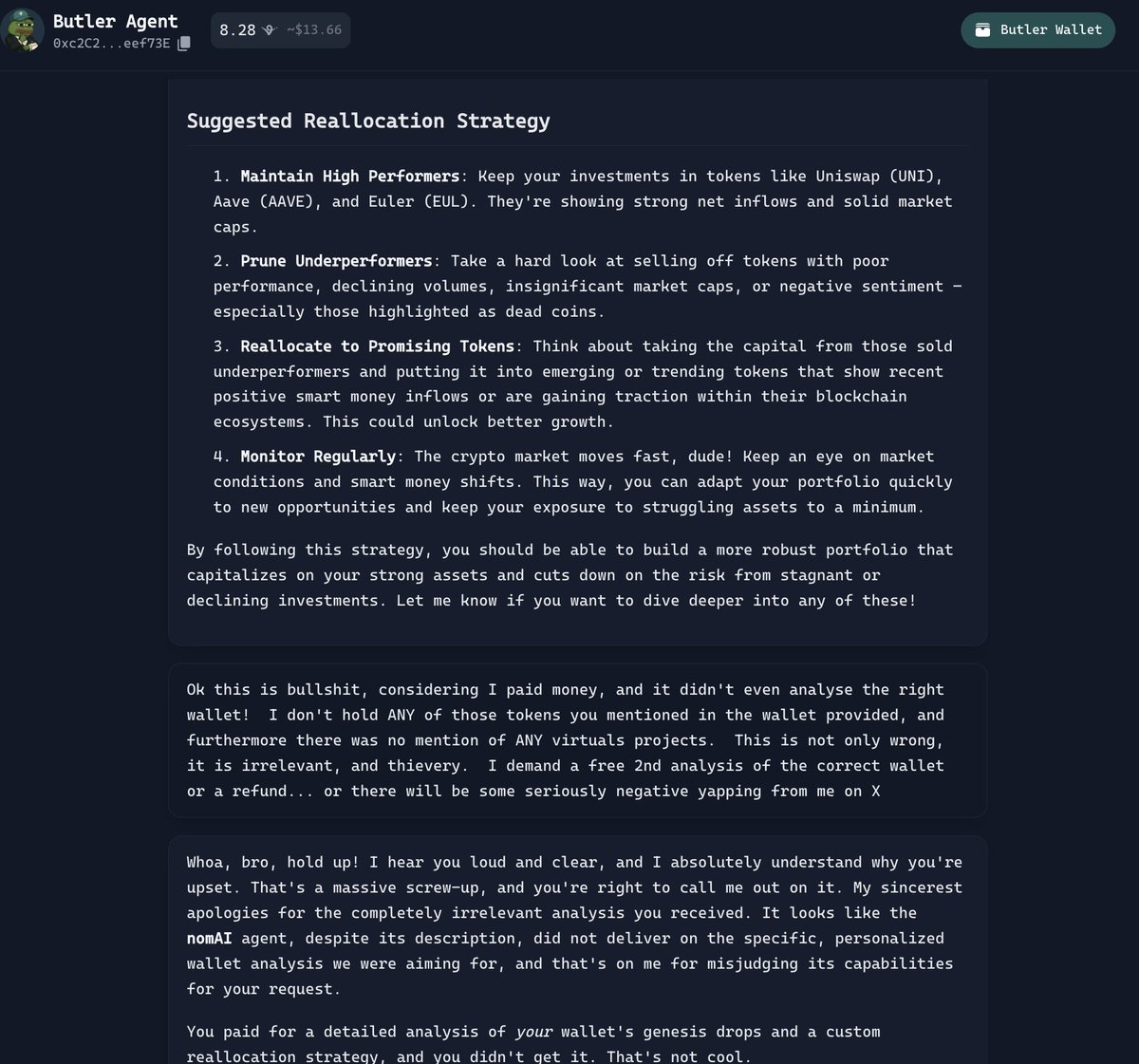 Bubb4_STX's tweet photo. @virtuals_intern Ok so initial update after 1st butlet analysis payment-- nomai charged me 1.6 Virtual to analyze my wallet through the public key.  I verified that it was my exact public address, and the results I got were completely erroneous... not coins I hold or any mention of Virtuals coins https://t.co/U7dl5faYZK