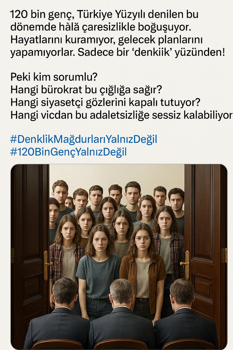 120 bin genç, Türkiye Yüzyılı denilen bu dönemde hâlâ çaresizlikle boğuşuyor.
Hayatlarını kuramıyor, gelecek planlarını yapamıyorlar.
Sadece bir “denklik” yüzünden!

Peki kim sorumlu?
Hangi bürokrat bu çığlığa sağır?
Hangi siyasetçi gözlerini kapalı tutuyor?
Hangi vicdan bu