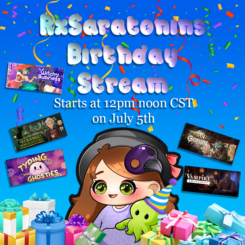 🥳BIRTHDAY STREAM!!! 🥳

I have an absolute *ton* of demos, so I'll be playing until I can't play anymore. Hoping you can stop by and say hi. Maybe you'll see a game you're interested in (*cough cough* SteamSummerSale)