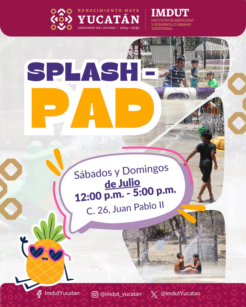 💦☀️ ¡El splash pad está de vuelta este julio!
Ven a refrescarte y pasar un buen rato en familia.

Nos vemos los sábados y domingos del mes de julio, en un horario de 12:00 p.m. a 5:00 p.m.☀️

📍 share.google/vRPwp4LmIcHRED…

#RenacimientoMaya #IMDUT
