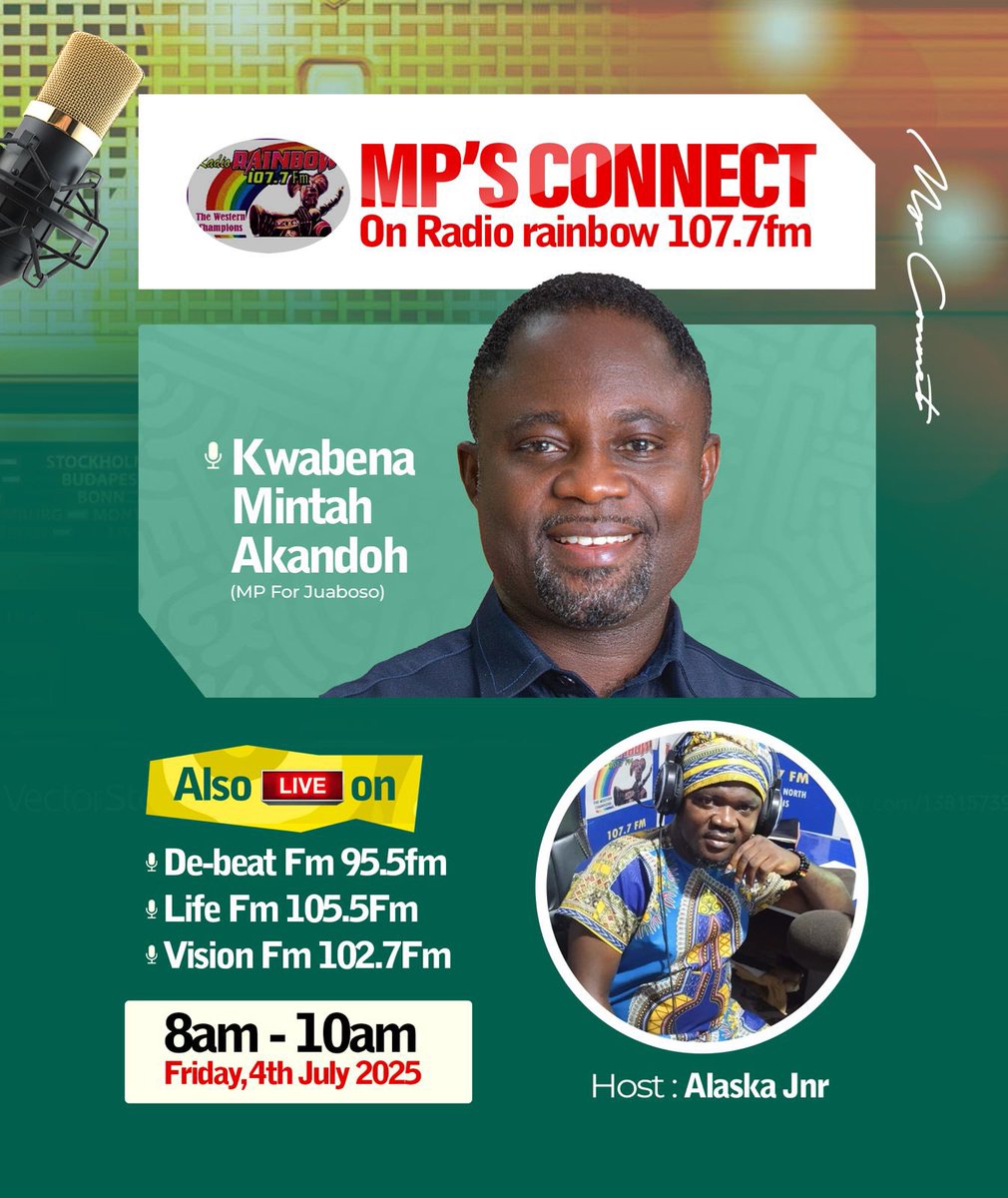 I will be live on Radio Rainbow 107.7 FM in Sefwi Juaboso tomorrow from 8:00 AM to 10:00 AM.

Kindly tune in