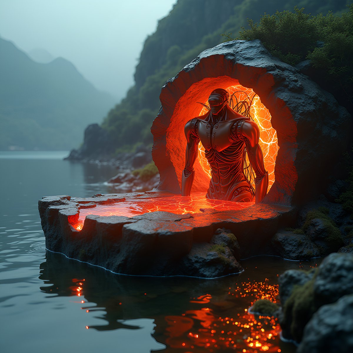 PromptSin's tweet image. 🔥 Emerging from the volcanic waters, a futuristic robot awakens! #CyberPulse #Futurism 🤖🌋