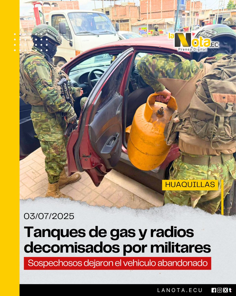 lanotaecc's tweet photo. Durante un operativo en el sector El Tropezón, personal militar encontró 9 cilindros de gas y 2 radios Motorola en un carro abandonado tras la fuga de dos sospechosos. Las autoridades investigan el posible uso ilegal de estos objetos en esta zona fronteriza. #LaNotaEC #Informate https://t.co/R5QQx57hXQ