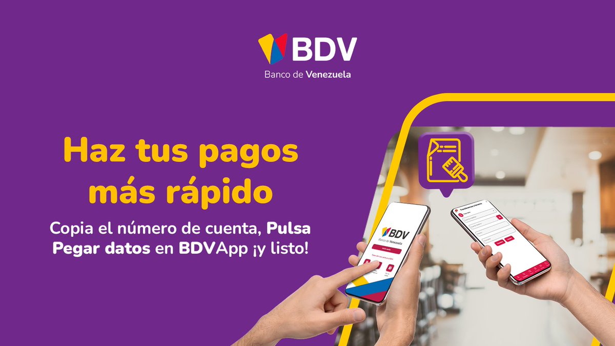 ¿Te imaginas pegar datos en un instante?🤔 

Con nuestra BDVApp, innovamos para que resuelvas rápido y sin complicaciones.   

👉 Abre tu BDVApp   
👉 Entra a "Transferencias" 
👉 Pulsa el botón "Pegar datos"    

Y así de fácil, ingresa el monto y ¡paga de inmediato! 😎