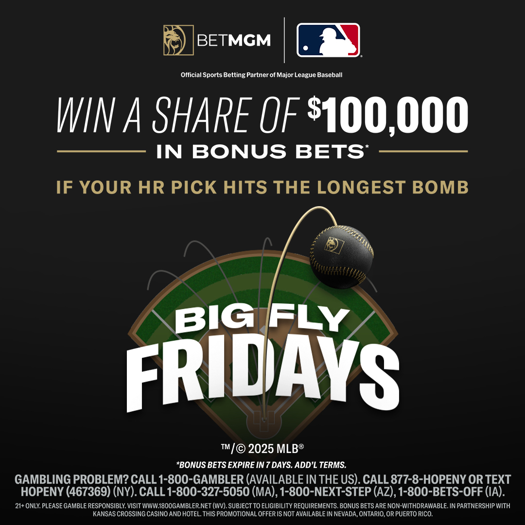 ⚾️ Big Fly Fridays are coming <a href="/BetMGM/">BetMGM 🦁</a>...

Place your first HR bet of the day (min $10) on a player &amp; if they have the longest HR of the day, win your share of $100,000 in bonus bets!

No opt in necessary, token available to use on first player you take to hit a HR every Friday!