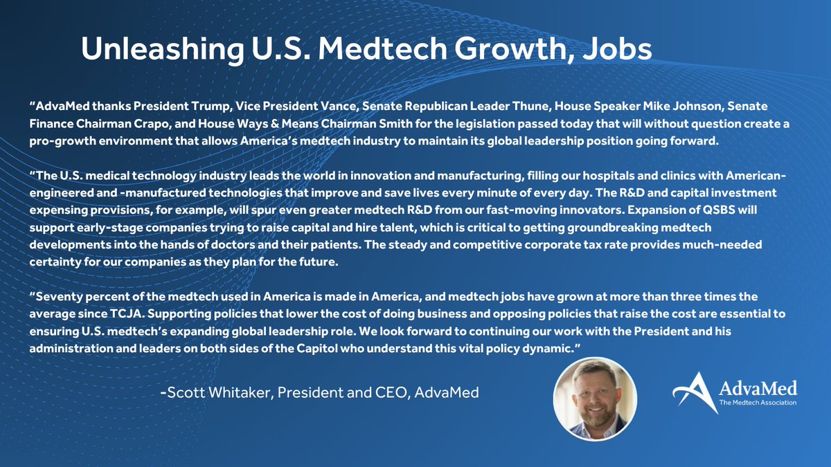 AdvaMed (@advamedupdate) on Twitter photo The legislation passed today "will create a pro-growth environment that allows America's #medtech industry to maintain its global leadership ... in innovation and manufacturing" on behalf of patients in need. -- <a href="/ScottWMedTech/">Scott Whitaker</a>, President & CEO, AdvaMed, the Medtech Association The legislation passed today "will create a pro-growth environment that allows America's #medtech industry to maintain its global leadership ... in innovation and manufacturing" on behalf of patients in need. -- <a href="/ScottWMedTech/">Scott Whitaker</a>, President & CEO, AdvaMed, the Medtech Association