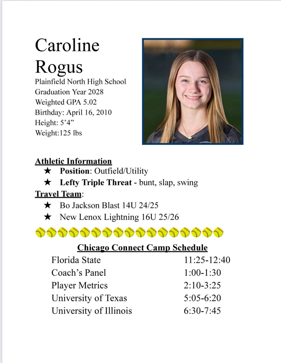 I’m looking forward to attending my first Chicago Connect camp on 7/9/25. I can’t wait to meet new coaches and keep developing to help achieve my goals of playing college softball.
<a href="/TexasCoachWhite/">Mike White</a> 
<a href="/TyraPerry13/">Tyra Perry</a> 
<a href="/Coach_Alameda/">Lonni Alameda</a> 
<a href="/2010BoBlastIL/">Bo Jackson Blast 2010</a> 
<a href="/N11uzm/">New Lenox Lightning 16u zm</a> 
<a href="/gabinillesfastp/">Gabi Nilles Fastpitch</a>