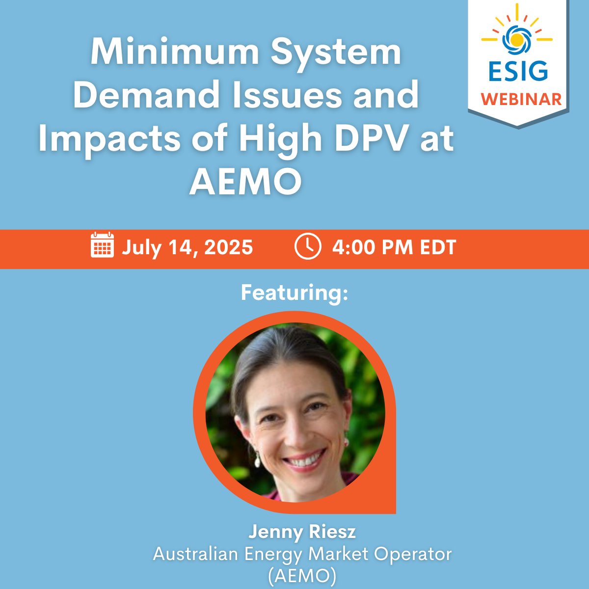 💡 UPCOMING WEBINAR 💡

"Minimum System Demand Issues and Impacts of High DPV at AEMO"

📆 July 14, 2025
⏰ 4:00 PM Eastern US Time

Learn More and Register 👉 esig.energy/event/webinar-…