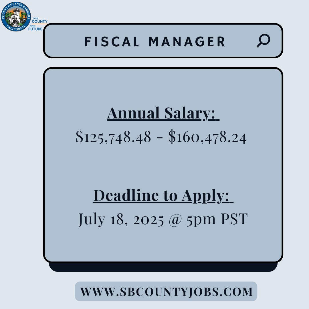 CountySBCareers's tweet image. The County of Santa Barbara Probation Department is now hiring! They are currently accepting applications to fill 1 full-time Fiscal Manager vacancy in Santa Barbara or Santa Maria. #FederalEmployees #GovernmentJobs #GovernmentEmployees #StateEmployees #PublicSectorJobs #ApplyNow