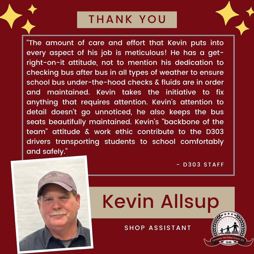 🎉Recognizing Kevin Allsup from the D303 Shop Crew!
"Kevin's 'backbone of the team' attitude &amp; work ethic contribute to the D303 drivers transporting students to school comfortably and safely."👏
#D303Pride #ThankfulThursday #StaffSpotlight
