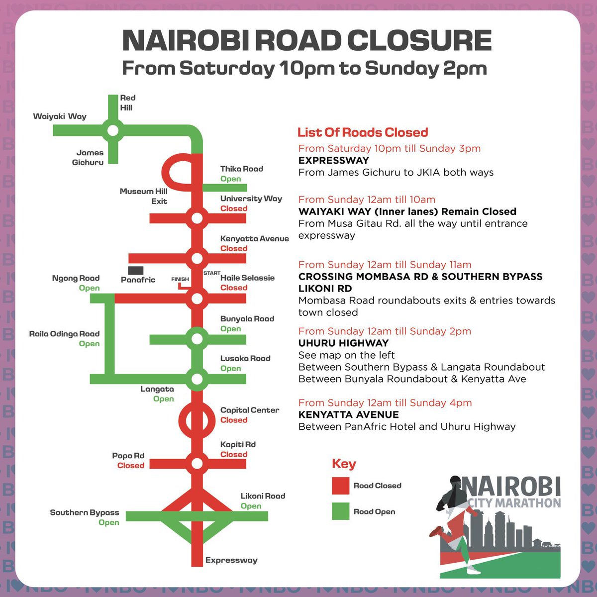 Road Closure Alert: Nairobi City Marathon Set for Sunday
Several roads in Nairobi will be temporarily closed this Sunday, 6th July 2025, to facilitate the Nairobi City Marathon.
Motorists are advised to plan ahead and use alternative routes.
#NairobiCityMarathon2025 #ILoveNBO