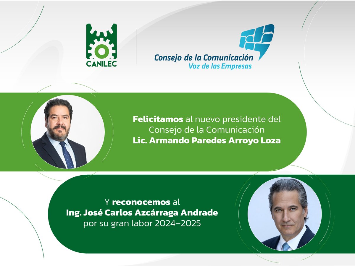 Canilec (@canilec) on Twitter photo Este jueves 3 de julio se lleva a cabo la Asamblea del <a href="/ConsejoCC/">Consejo Comunicación</a>. Desde Canilec reconocemos al Ing. José Carlos Azcárraga (2024–2025) y felicitamos al Lic. Armando Paredes (2025–2026) por asumir la presidencia. ¡Éxito en esta nueva etapa! Este jueves 3 de julio se lleva a cabo la Asamblea del <a href="/ConsejoCC/">Consejo Comunicación</a>. Desde Canilec reconocemos al Ing. José Carlos Azcárraga (2024–2025) y felicitamos al Lic. Armando Paredes (2025–2026) por asumir la presidencia. ¡Éxito en esta nueva etapa!