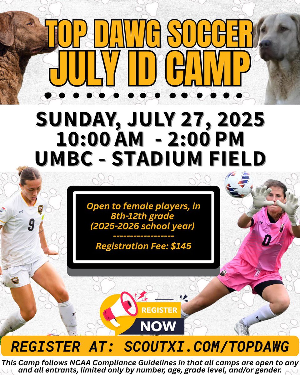 UMBC_WSoccer's tweet photo. 🚨 Attention Future Dawgs! 🐶
Registration for our summer Top Dawg Soccer ID Camp is NOW OPEN! 

📅 Sunday, July 27, 2025
🕙 10:00 AM – 2:00 PM
📍 UMBC – Stadium Field
💰 $145

Open to female players in 8th–12th grade (2025–2026 school year)! https://t.co/nU3Tc6B6QF